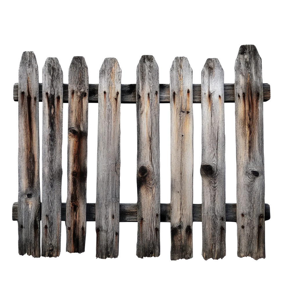 Rustic wooden fence panel isolated on a Transparent background with a weathered appearance, Rustic Wooden Fence Isolated on png
