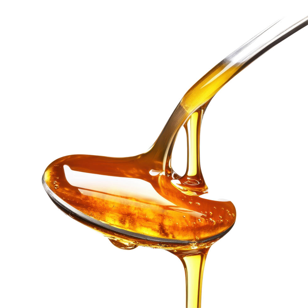 Honey drips from a spoon creating a glossy texture in bright light, spoon with honey on it and a liquid pouring from it, Transparent background png