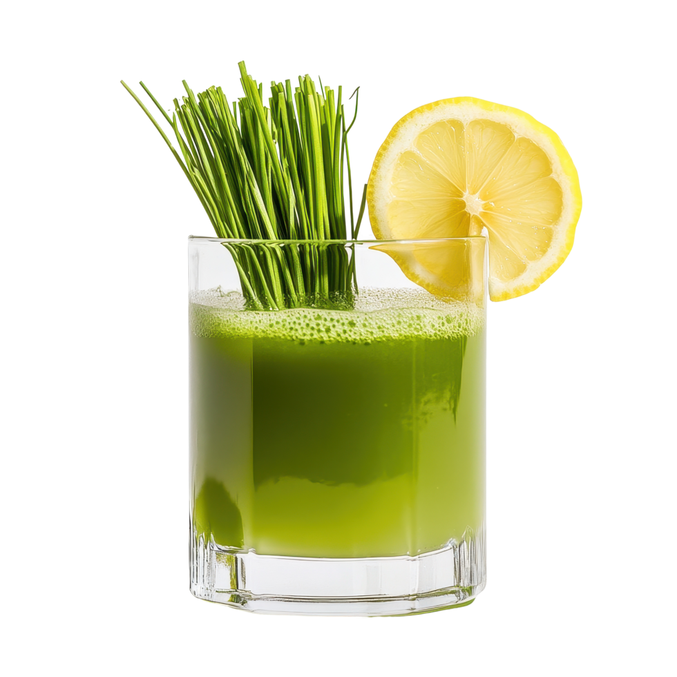 Refreshing wheat grass juice with lemon slice served in a clear glass on a Transparent background, Wheat grass juice with lemon slice in glass on background png