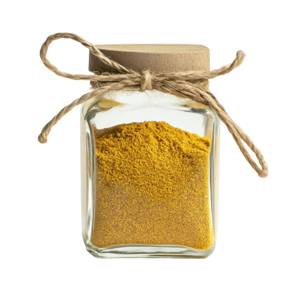 Bright yellow powder in a transparent glass jar tied with twine situated on a plain surface, Transparent Glass Jar Filled with Bright Yellow Powder Secured With Brown Rope, Transparent background png