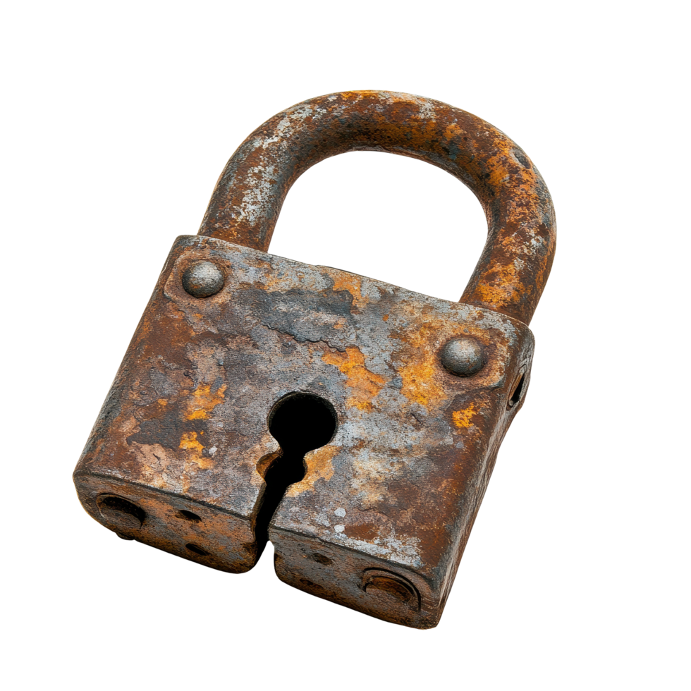 Rusted iron padlock symbolizing timeless security on a Transparent background, Rusted Iron Padlock Timeless Security, background png
