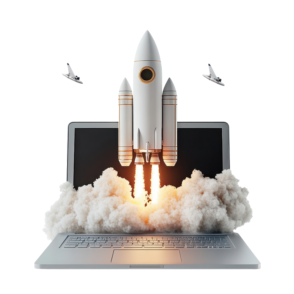 Rocket launch emerging from laptop symbolizes business innovation and technology advancement, Transparent background rocket launch with laptop, business concept idea or start up success png
