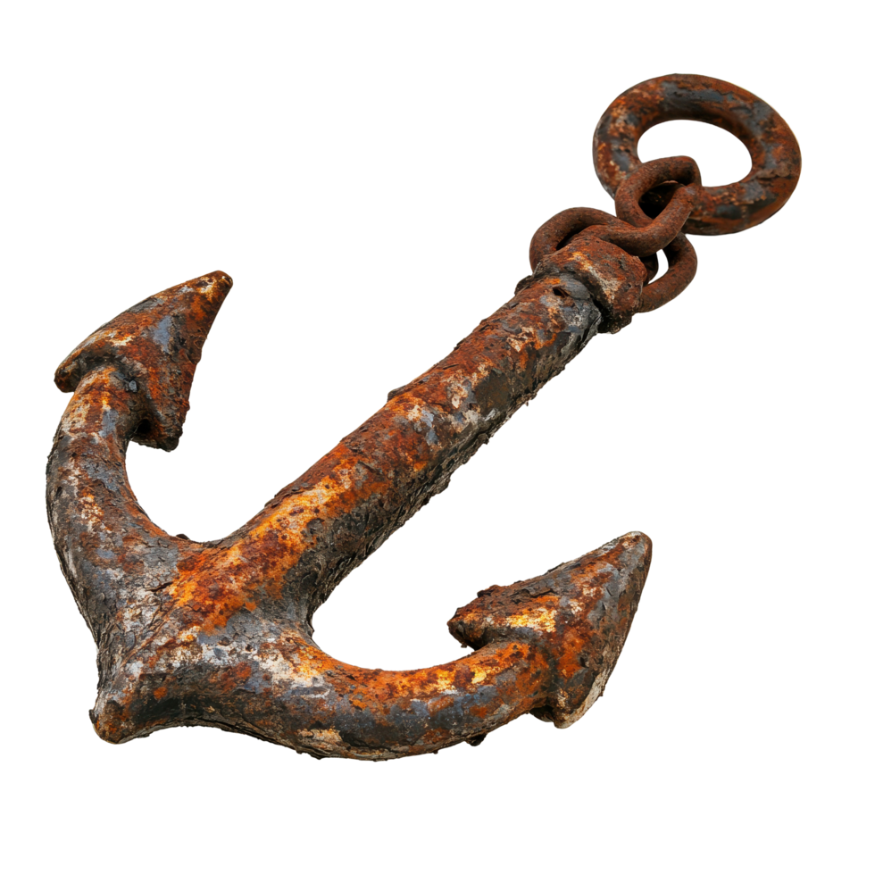 Rusty chain and abandoned anchor resting on a Transparent background highlighting historical maritime artifacts, Rusty chain an abandoned anchor, background png