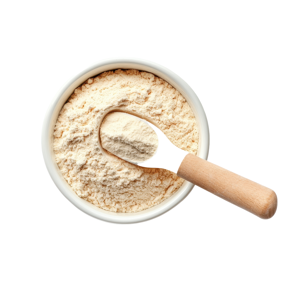 Whey protein powder in a bowl with a wooden spoon on a clean Transparent background, whey protein in a bowlisolated on background png