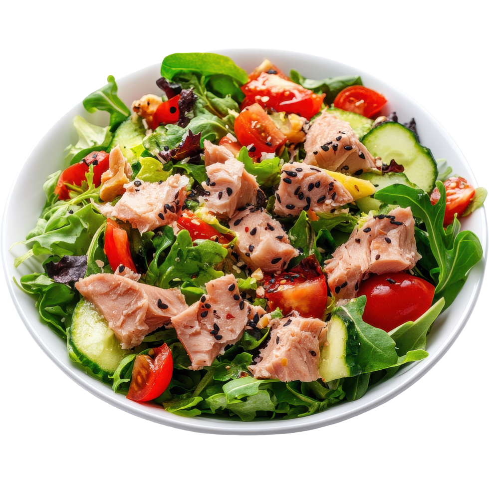 Delicious salad with tuna, cherry tomatoes, cucumbers, and leafy greens on a Transparent background, salad with tuna isolated on background png