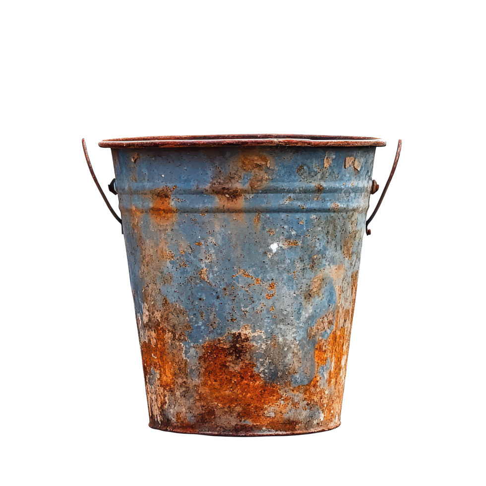 Rusty bucket evokes memories of simpler times and everyday life experiences, Rusty Bucket - A Symbol Nostalgia and Simplicity, Transparent background png