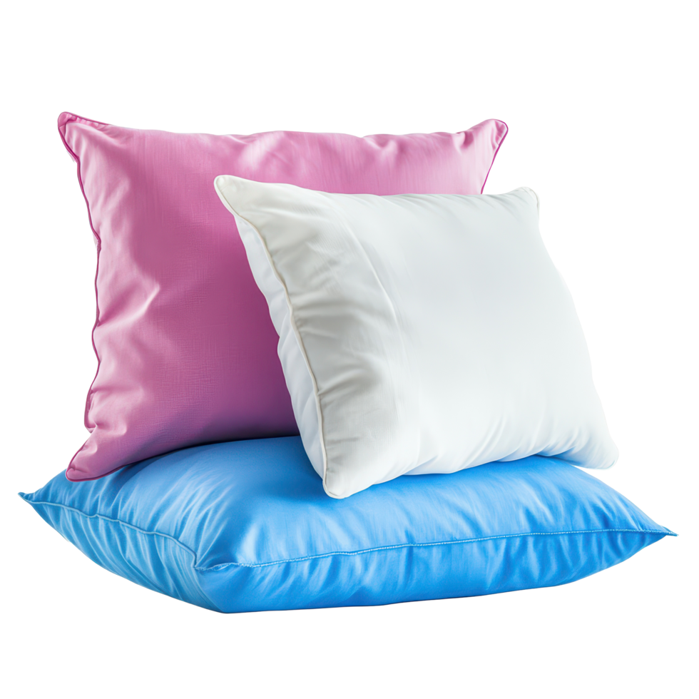 Soft and colorful pillows in white, blue, and pink arranged neatly on a Transparent background, white, blue, pink pillows isolated on isolated on png