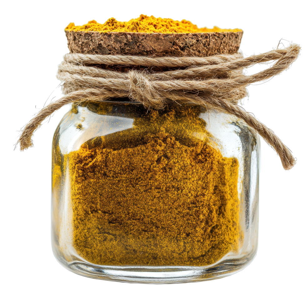 Bright yellow powder in a transparent glass jar with a natural cork lid displayed on a neutral background, Transparent Glass Jar Filled with Bright Yellow Powder Secured With Brown Rope png