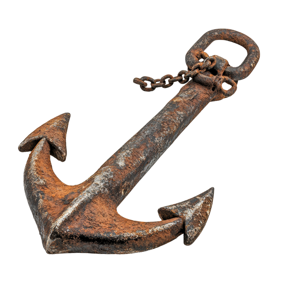 Rusty metal anchor with chain on Transparent background highlighting abandonment, Rusty chain an abandoned anchor, background png