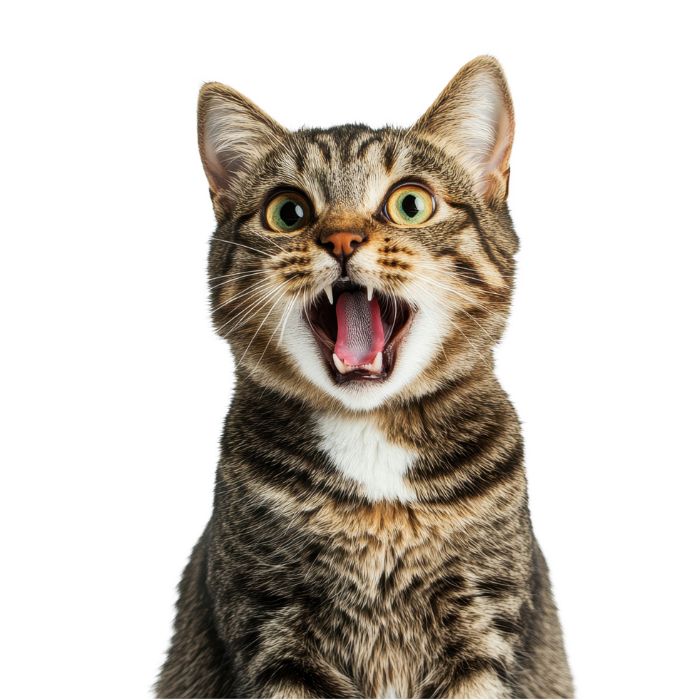 Startled tabby cat with open mouth and alert expression in bright studio setting, Startled Tabby Cat with Open Mouth and Alert Expression or scared cat, Transparent background png