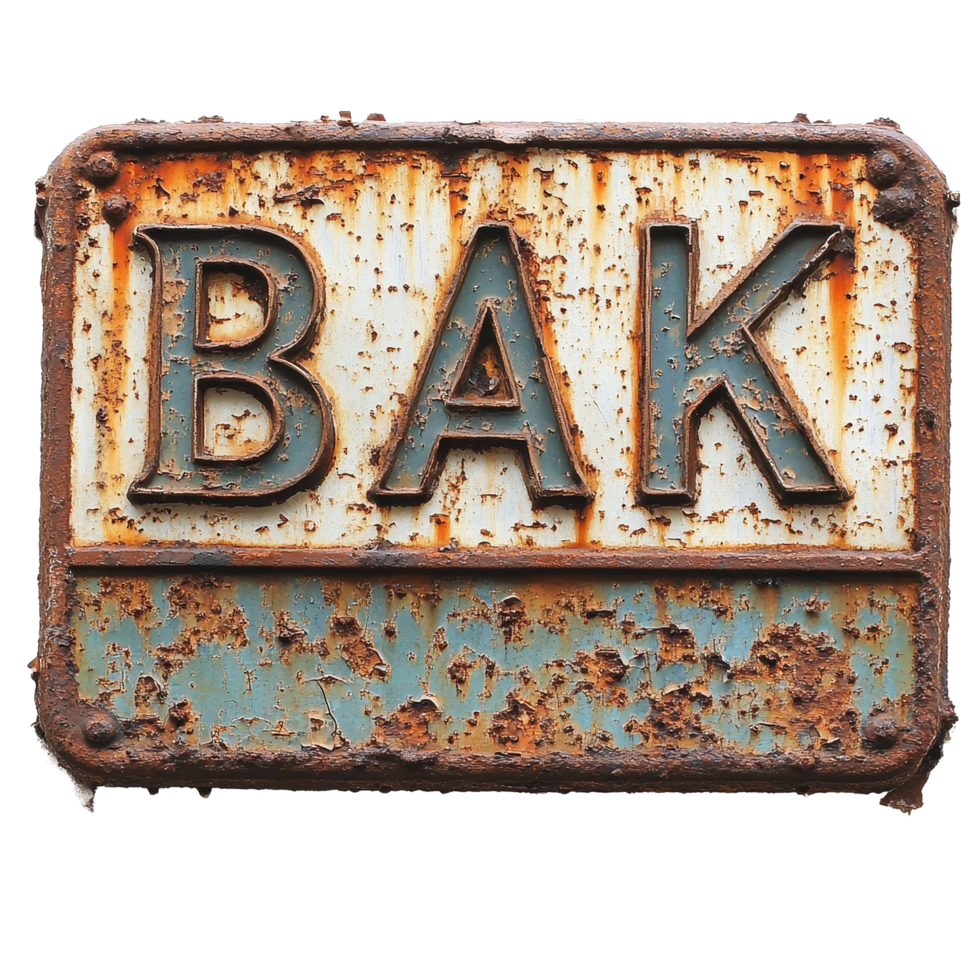 Rusty bank sign reveals its age on a Transparent background, showcasing weathered charm and forgotten stories, rusty sign that says bank on it, background png