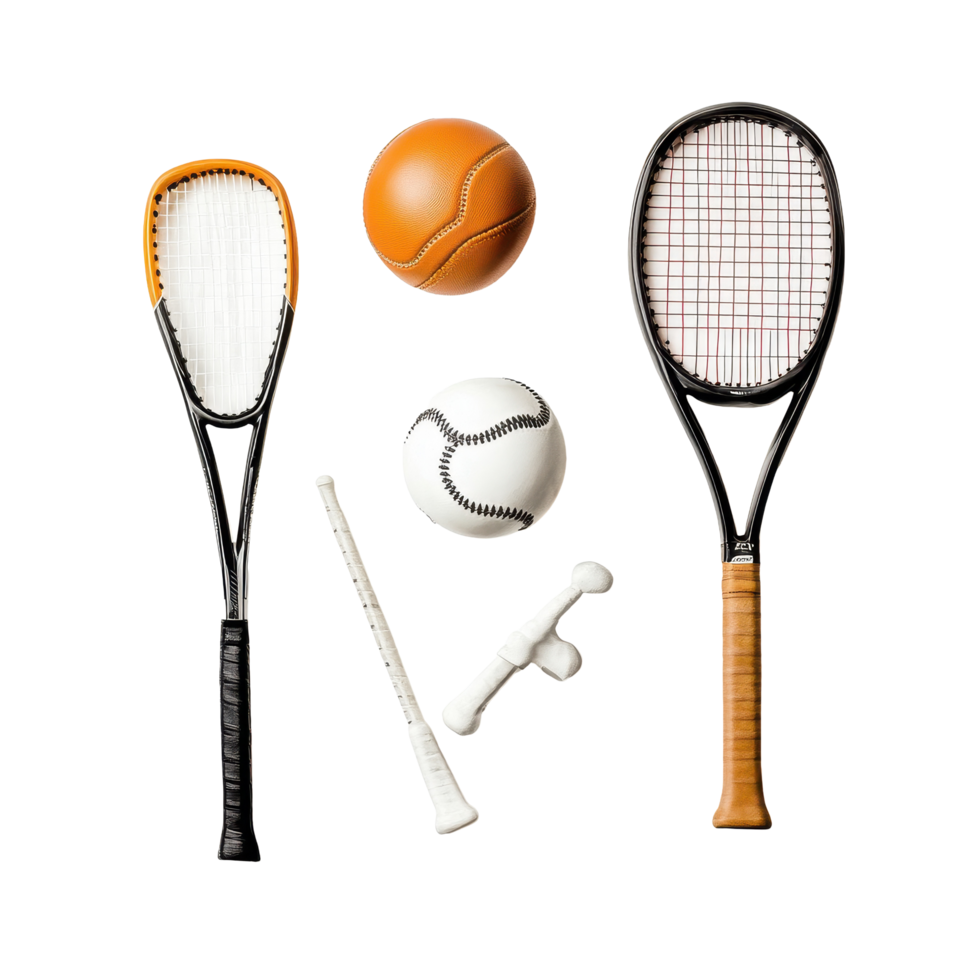 Sports equipment assortment including rackets, balls, and other gear on a Transparent background, Sports Equipment isolated on background png