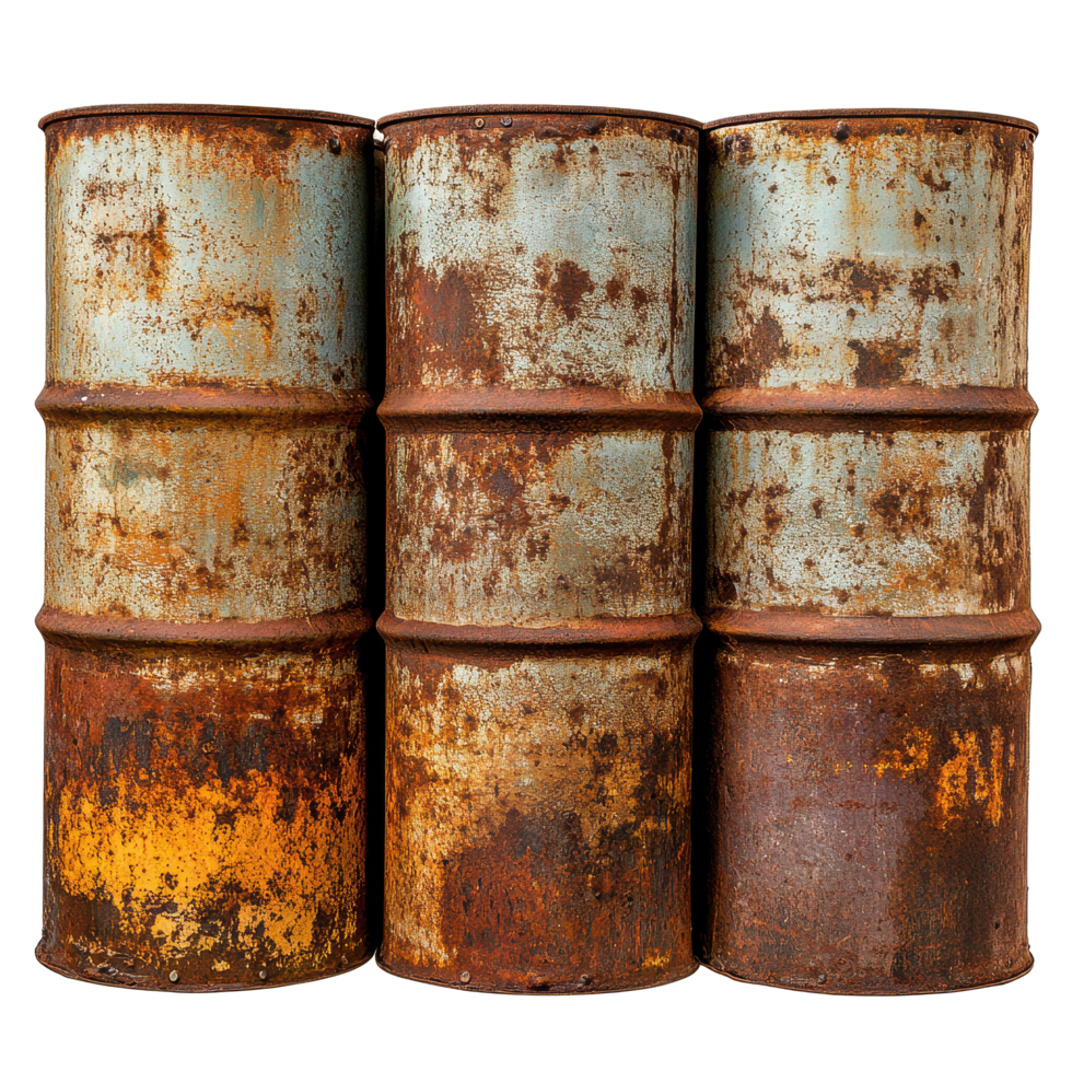 Rusty old metal barrels stacked together on a Transparent background showcasing their weathered texture, rusty old metal barrels isolated on png