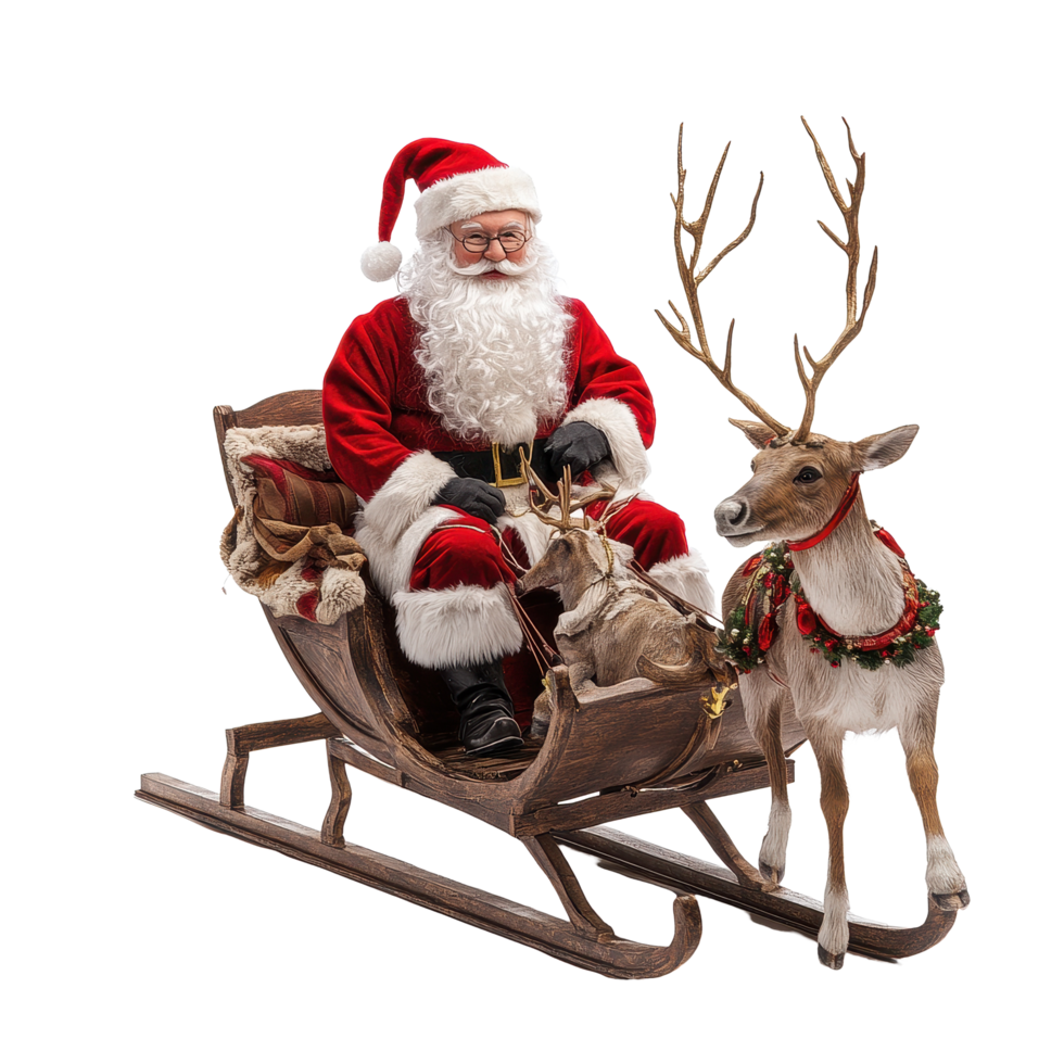Santa Claus enjoys Christmas with reindeer and sleigh in a festive winter setting, Santa Claus with Reindeer and Sleigh Christmas Theme on Transparent background, background png