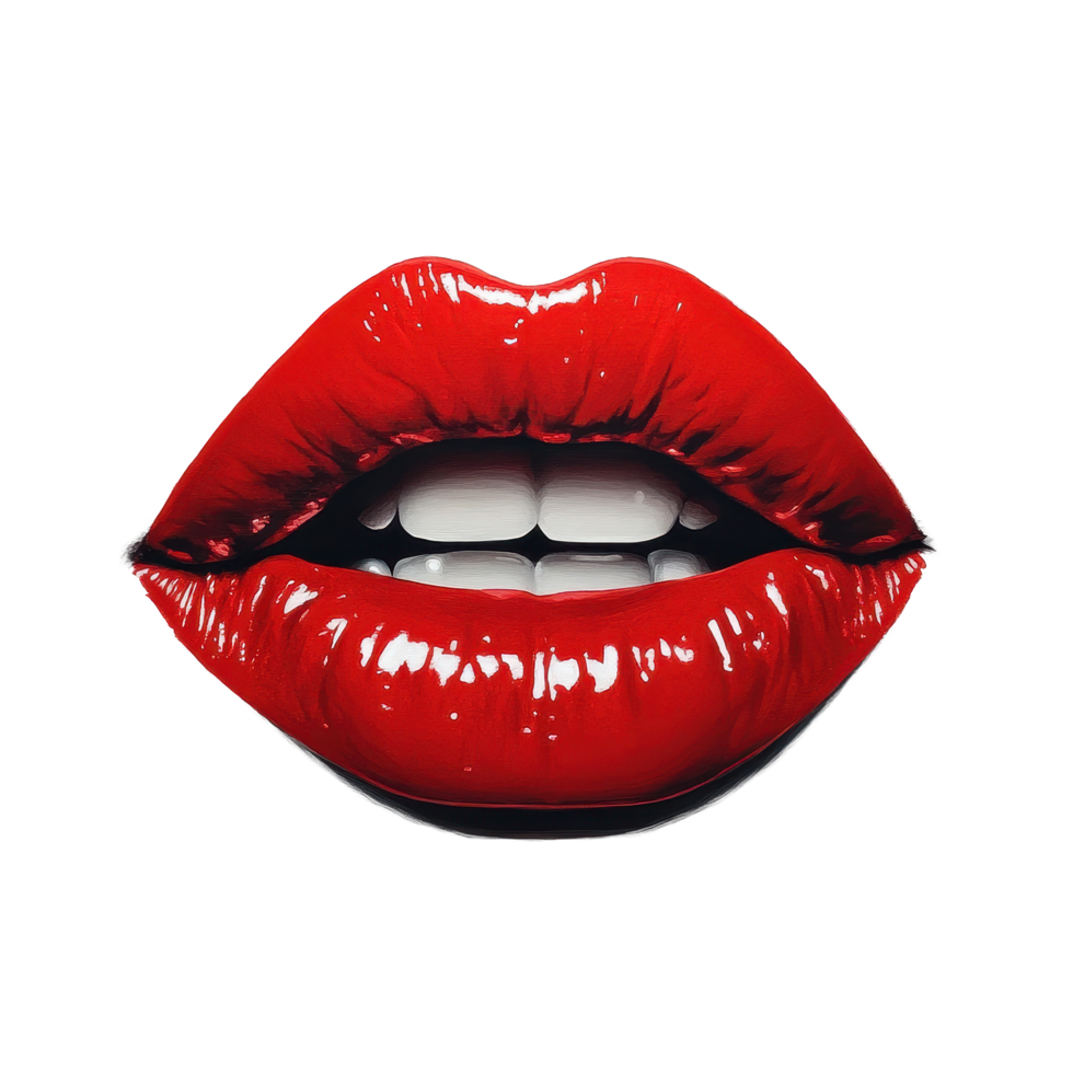 Vivid red lips with glossy finish on a clean Transparent background create an eye-catching visual impact, Vivid Red Lip Pop, background png