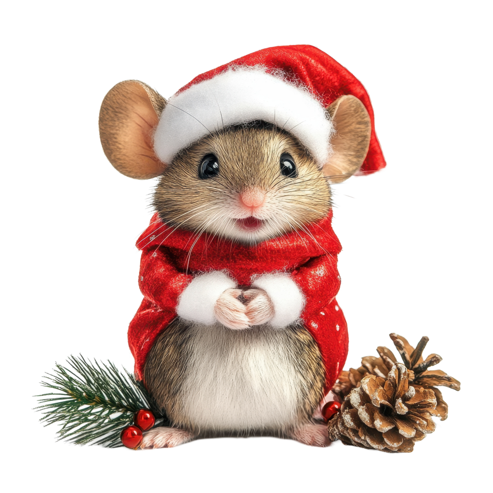 Santa mouse in festive costume celebrates Christmas on Transparent background, santa mouse wearing christmas costume on png