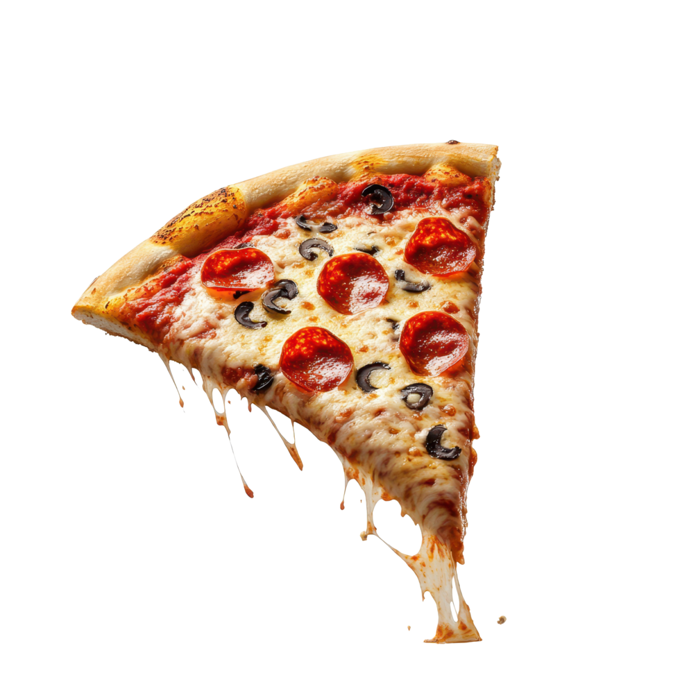 Delicious slice of pizza tossed in the air against a Transparent background with cheese and toppings flying around, slice pizza being tossed into the air, png