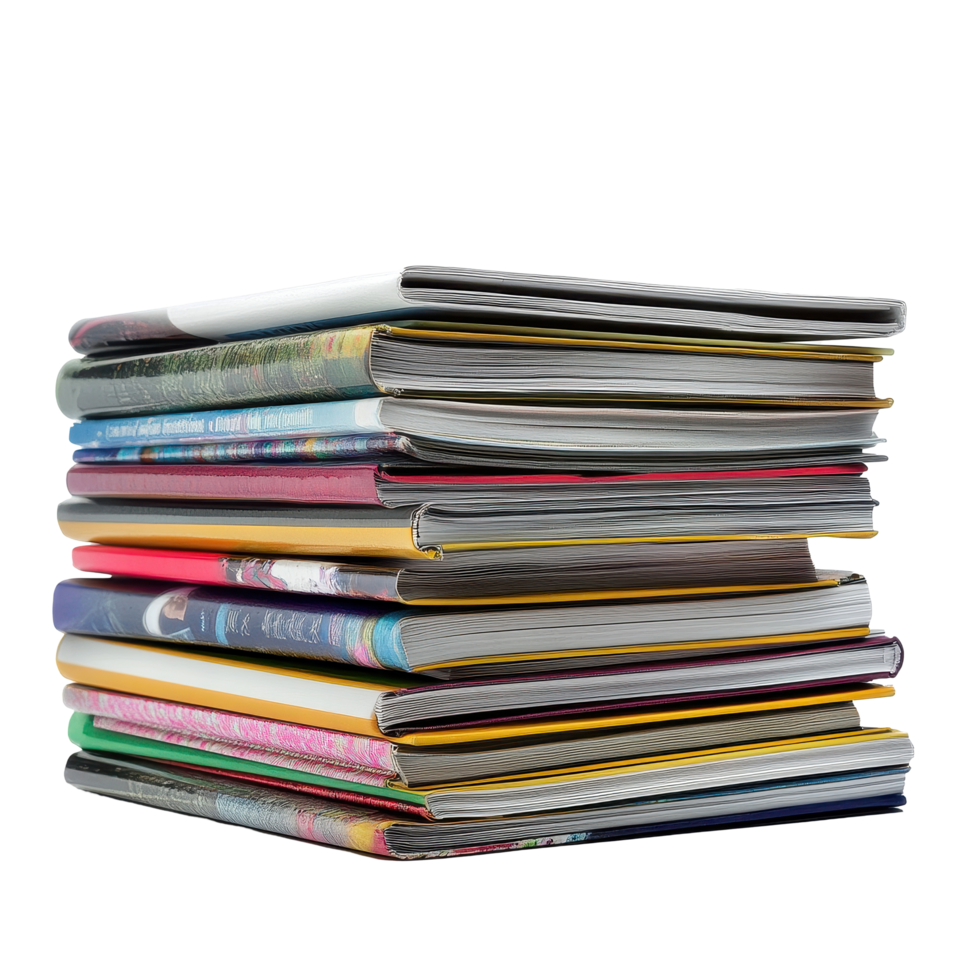 Stack of colorful magazines displayed against a clean Transparent background highlighting diverse content styles, Stack magazines on background png