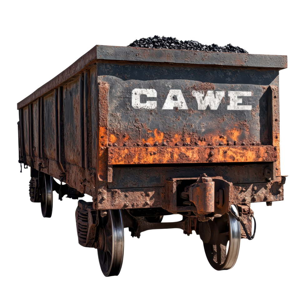 Rusty old train cart with coal prominently displayed in weathered condition on railway tracks, rusty old train cart with coal written on it, Transparent background png