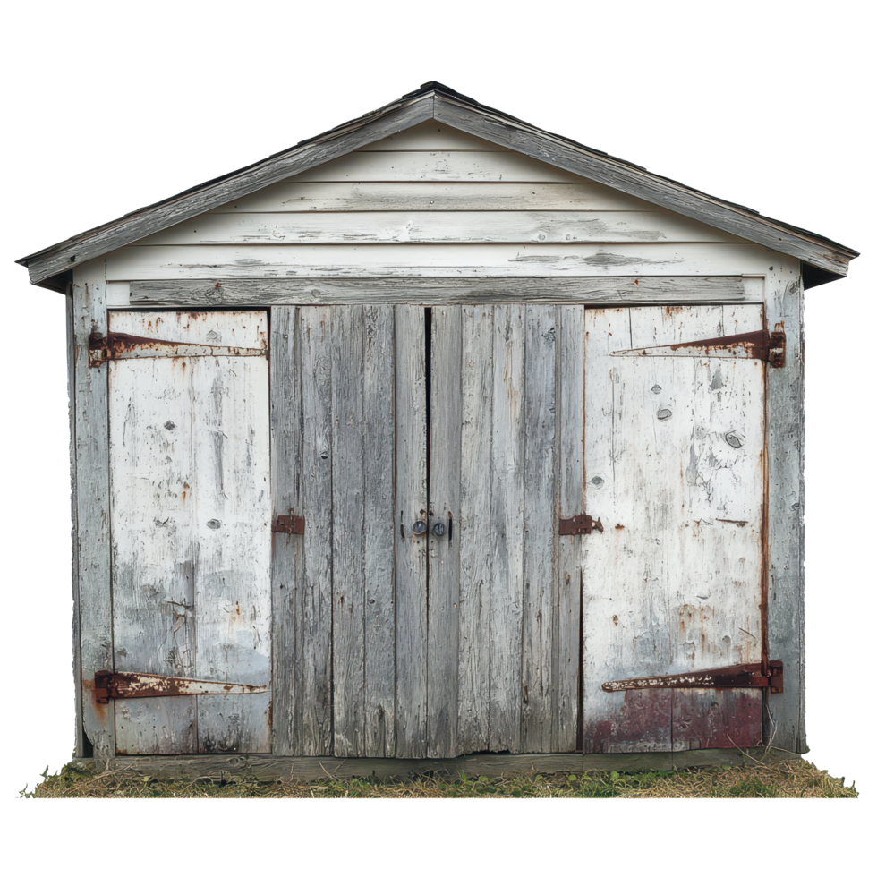 Weathered wooden shed with double sliding doors in a rustic outdoor setting, Weathered Wooden Shed with Doors Each Sliding to One Side, Transparent background png
