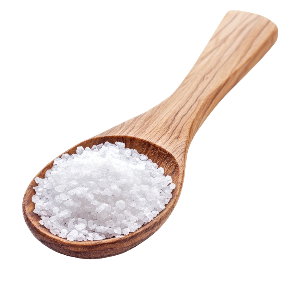 Wooden spoon filled with coarse salt isolated on Transparent background for culinary use, Salt in woodn spoon isolated on background png