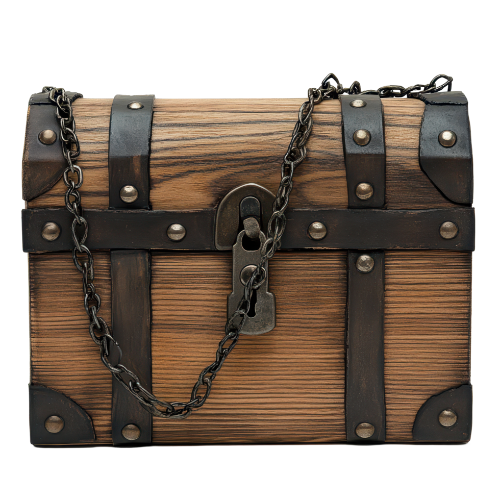 Wooden chest secured with a lock and chain resting on a Transparent background for artistic display, wooden chest with a lock and a chain, background png