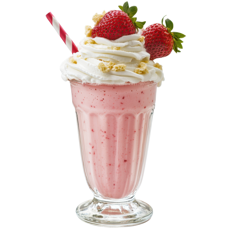 Delicious strawberry milk shake with whipped cream and fresh strawberries on Transparent background, strawberry milk shake, png