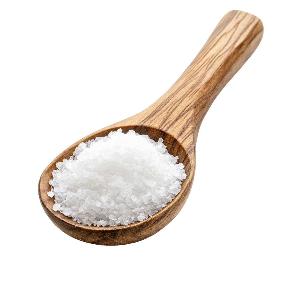 Salt in a wooden spoon on a clean Transparent background ideal for culinary presentations and recipes, Salt in woodn spoon isolated on background png