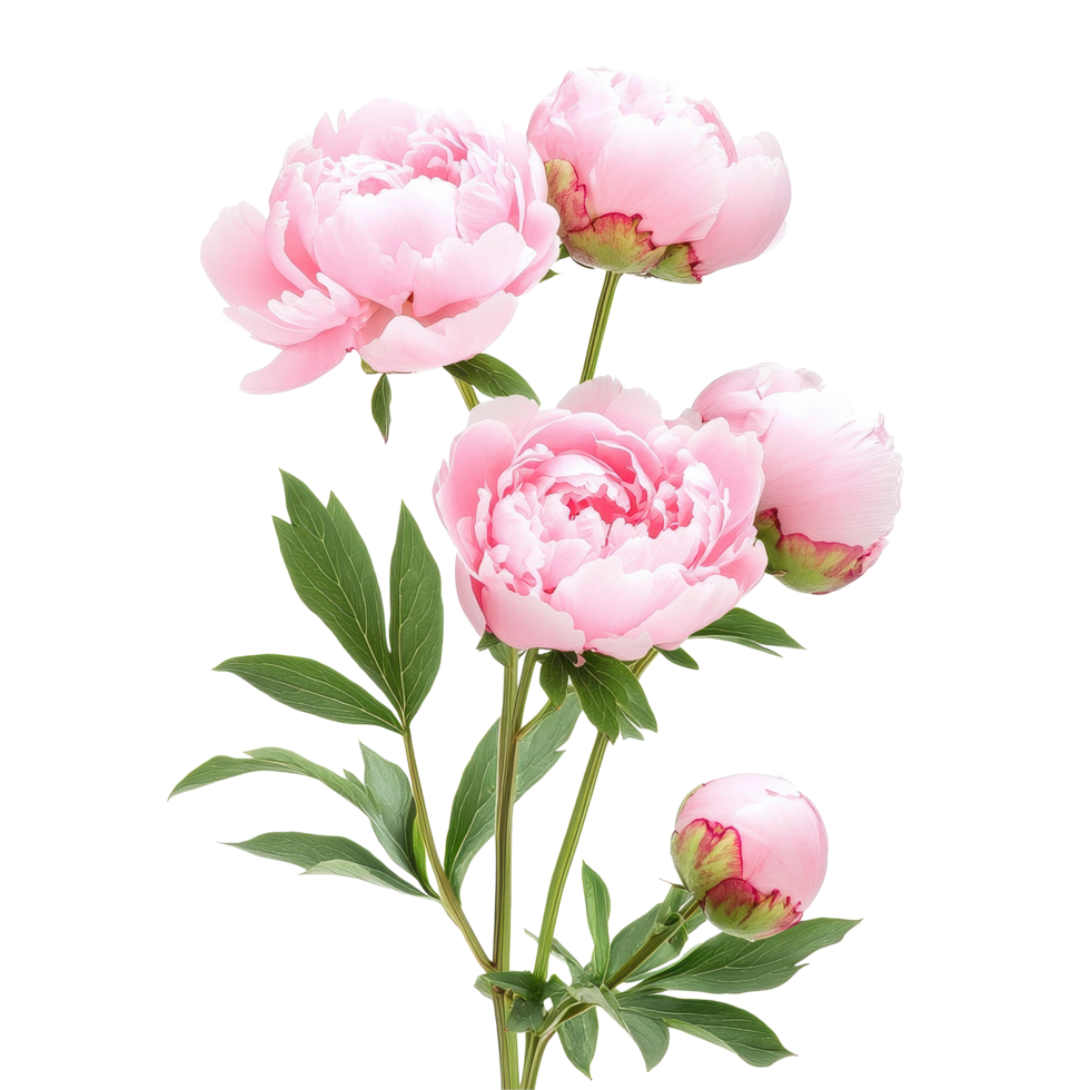 Beautiful pink peonies isolated on Transparent background showcasing blooming flowers and green leaves, row of pink peonies flowerfile of isolated object on White background png