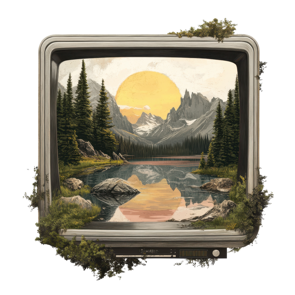 Vintage television frame showcases serene lake with sun rising over mountains in a tranquil landscape, Scenic Vintage Sun A Television in a Serene Lake ting with Mountain Cliffs and Trees png