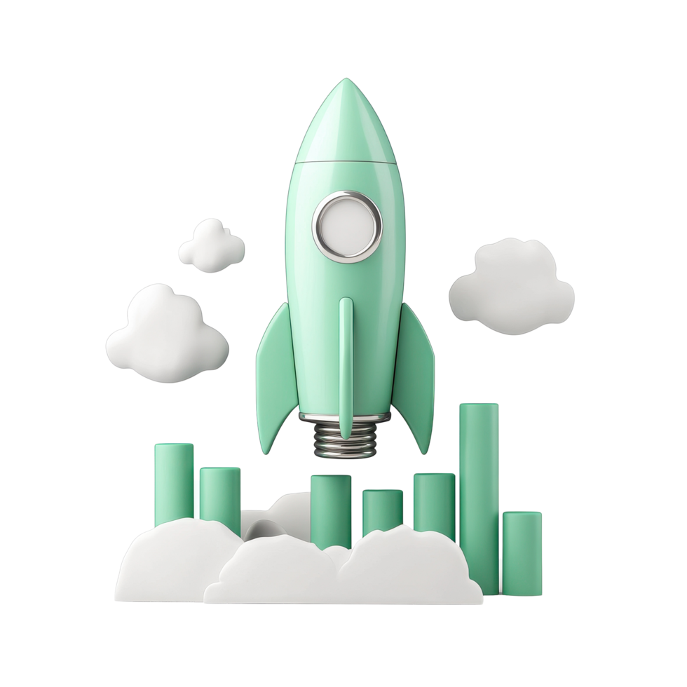 Cute green rocket launching among playful clouds and colorful bars on a bright Transparent background, background cute green rocket launch with a bar graph on a transparent png