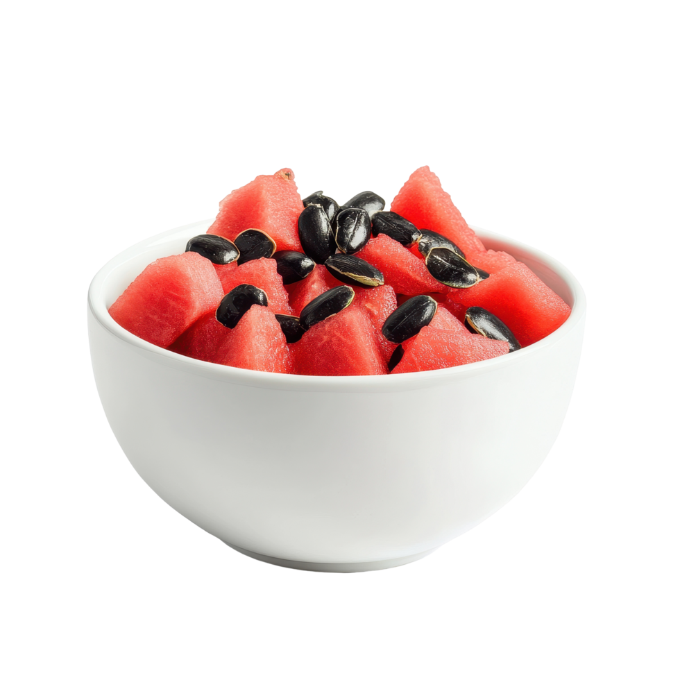 Fresh watermelon seeds and juicy chunks in a white bowl isolated on bright background, watermelon seed in white bowl isolated on Transparent background png