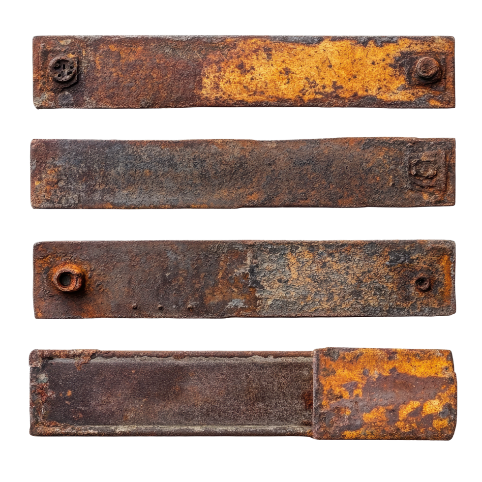 Rusty metal plates isolated on a Transparent background showcasing varied textures and colors in a simple composition, rusty metal plates isolated on png