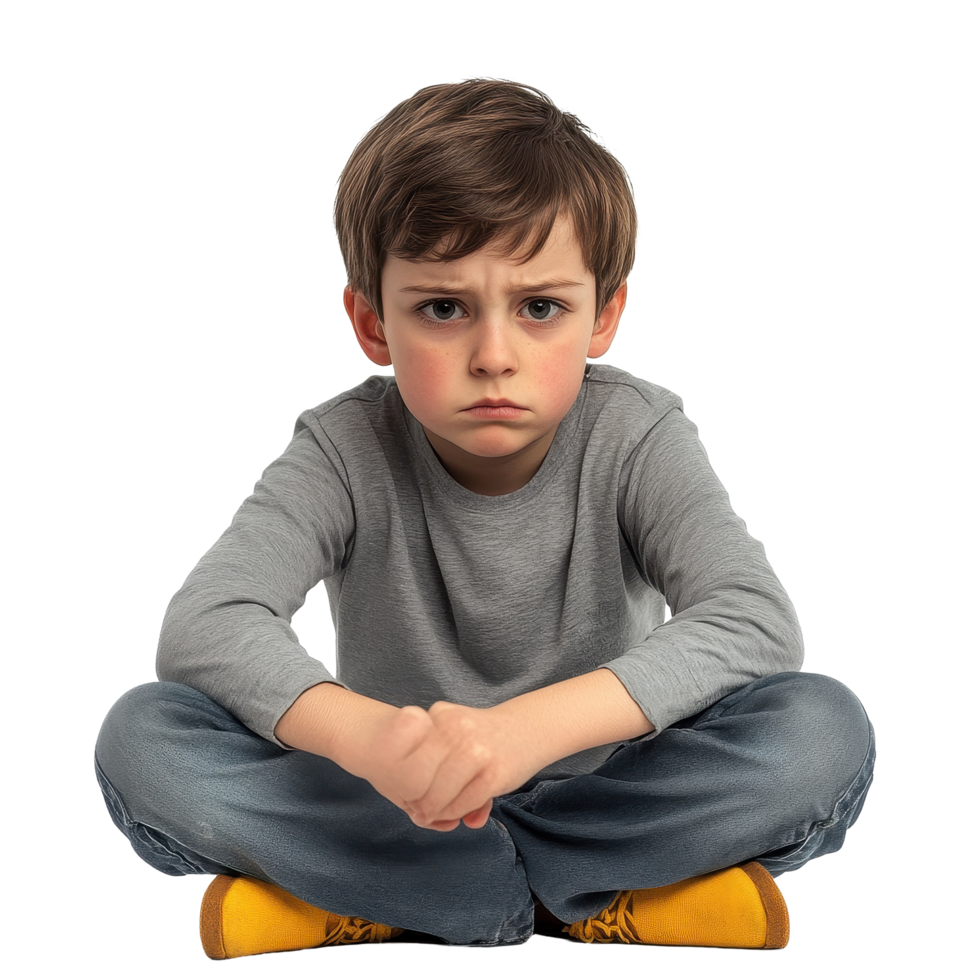Sad boy expressing frustration while sitting on the floor in casual clothing, showing signs of feeling unwell, sad kid boy in a bad mood or sick and has problems, file of isolated object on White png