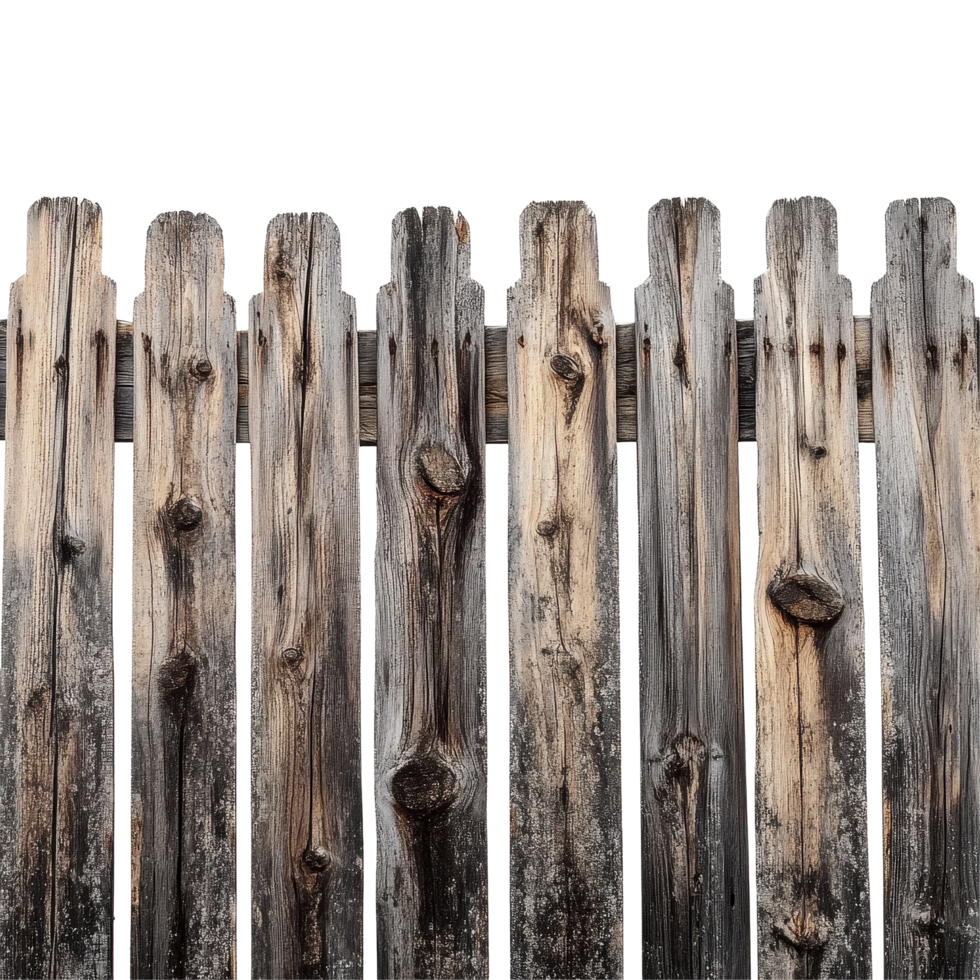 Rustic wooden fence stands against a clean Transparent background highlighting its weathered texture and natural charm, Rustic Wooden Fence Isolated on png