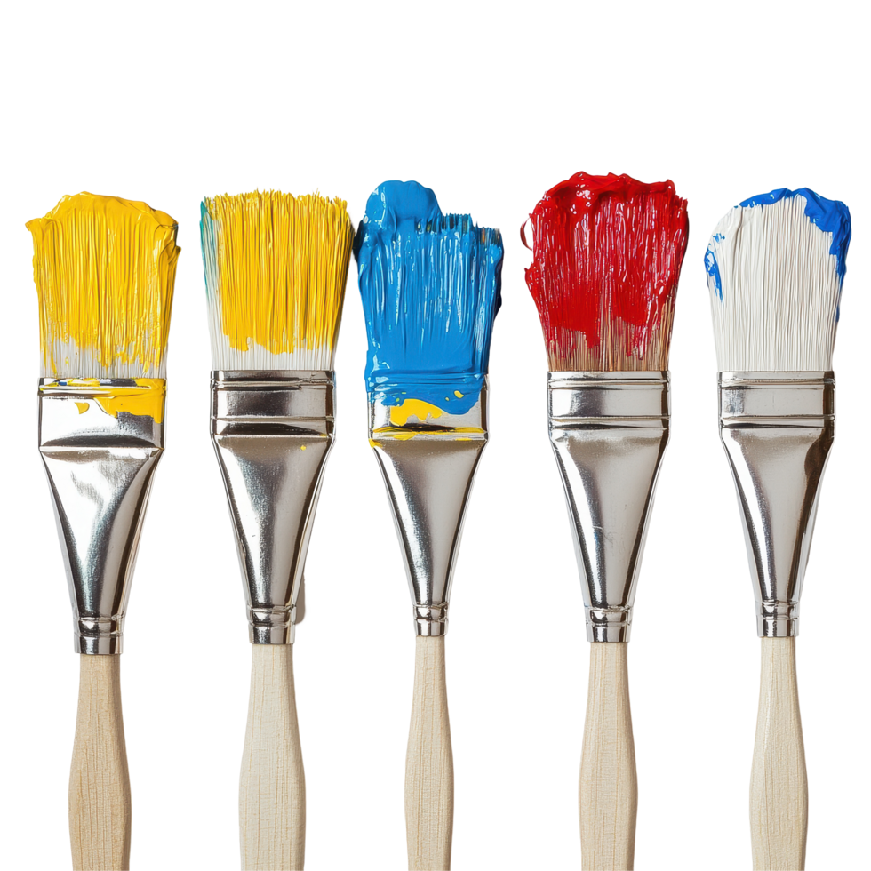 Brightly colored paint brushes lined up ready for artistic expression on a clean white surface, row paint brushes with different colors paint, Transparent background png