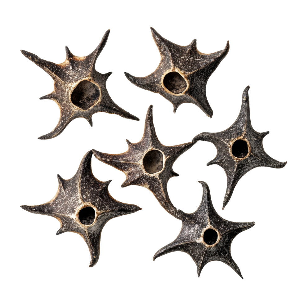 Unique water caltrops Trapa natans displayed on a Transparent background highlighting their distinctive shape and texture, Water Caltrops, Trapa natansisolated on background png