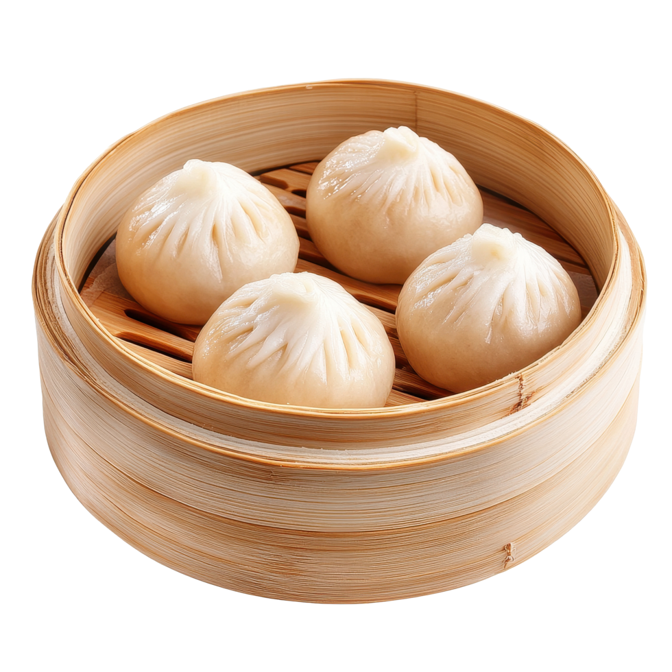 Steamed custard bun nestled in a bamboo basket with a traditional Asian touch, Steamed stuff custard bun in bamboo basket isolated on Transparent background, background png