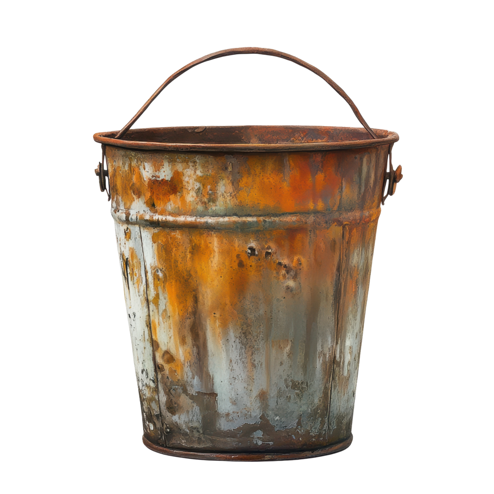 Rusty bucket evoking feelings of nostalgia and simplicity in everyday life, Rusty Bucket - A Symbol Nostalgia and Simplicity, Transparent background png