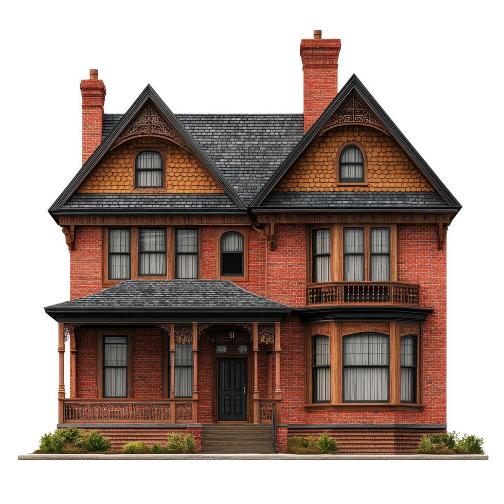 This stunning vintage d rendering displays a red brick Victorian house with ornate features, Vintage D Rendering a Red Brick Victorian House with Wooden Shingles and Windows, Transparent background png