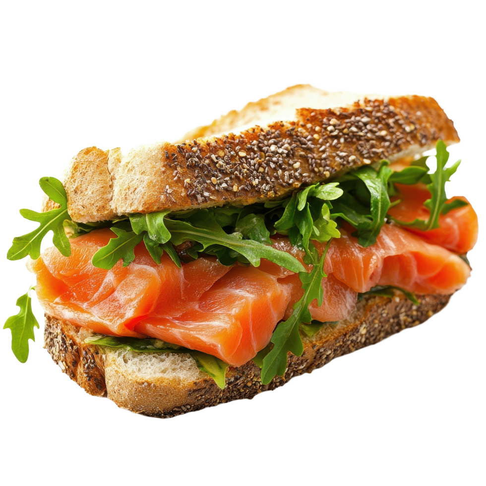 Delicious salmon fillet sandwich with fresh arugula on whole grain bread, Salmon fillet sandwich isolated on Transparent background, background png