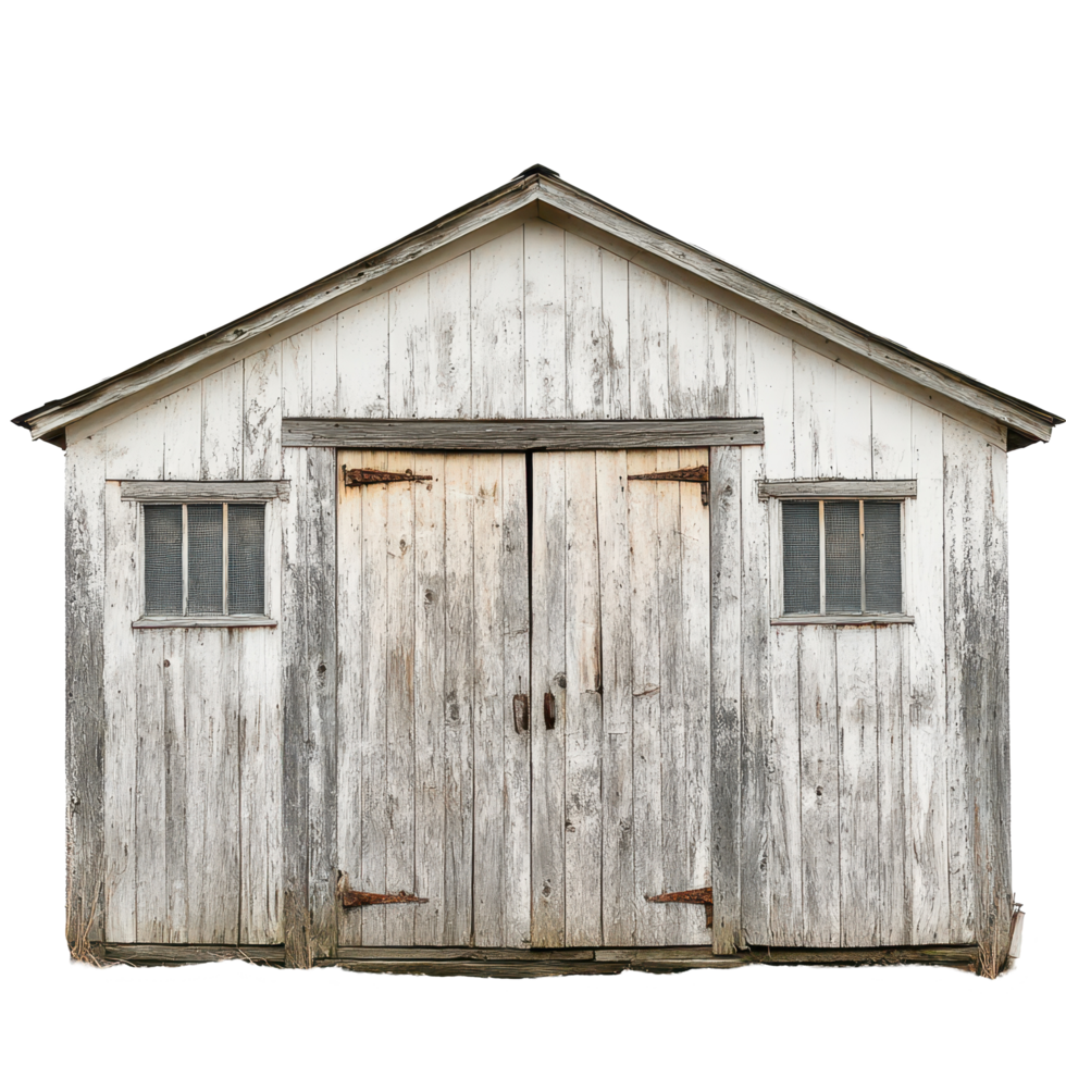 Weathered wooden shed with sliding doors and rustic charm in a rural setting, Weathered Wooden Shed with Doors Each Sliding to One Side, Transparent background png