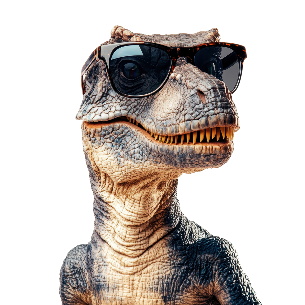 Stylish dinosaur wearing sunglasses poses confidently on a Transparent background with a fun attitude, Stylish Dinosaur With Sunglasses. png