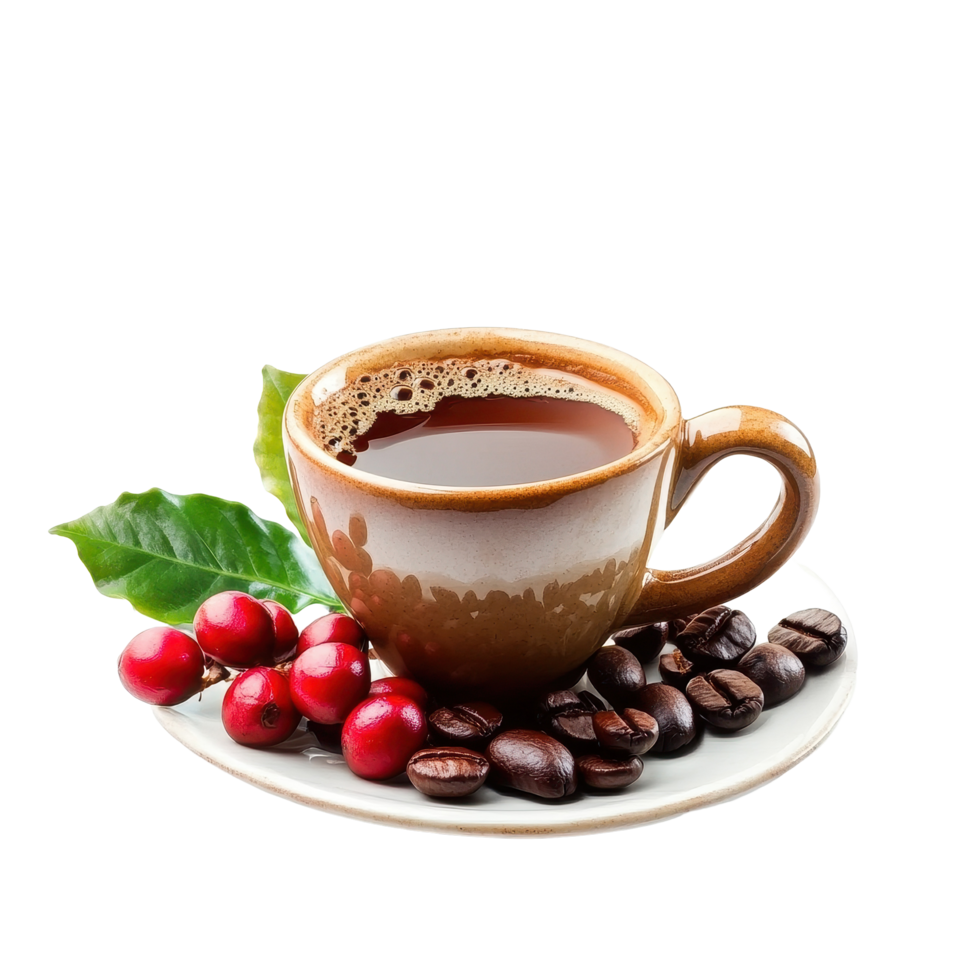 Freshly brewed coffee served in a ceramic cup with roasted beans and red coffee cherries, s roasted and red coffee beans, drink a cup coffee isolated on Transparent background, background png