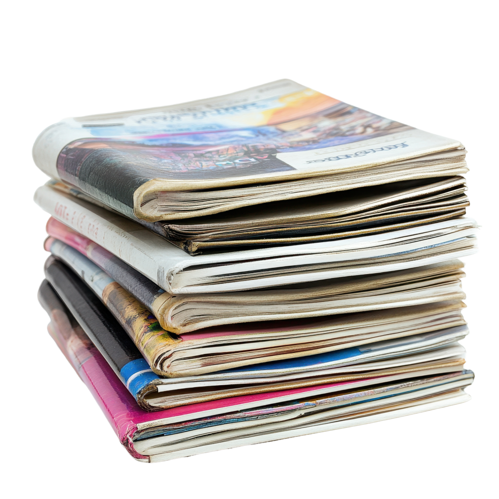 Stack of assorted magazines on a Transparent background showcasing various topics and designs, Stack magazines on background png