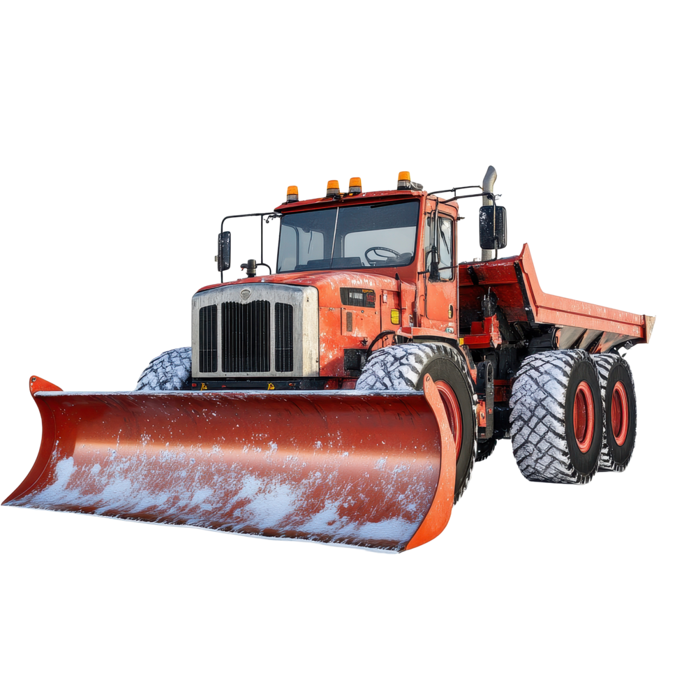Snowplow clearing snow on road in winter season showcasing heavy machinery and cold weather conditions, Snowplow on Transparent background, background png