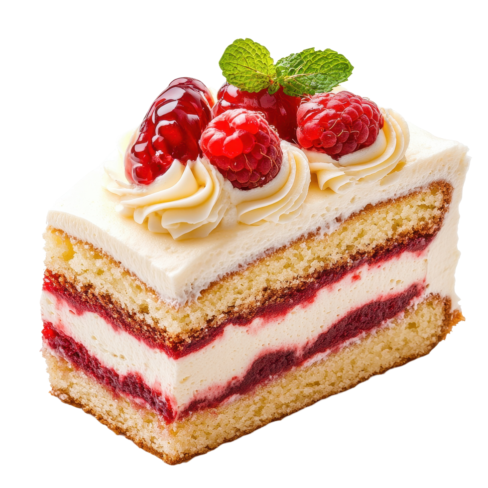 Delicious sponge cake with raspberry topping and cream on a Transparent background, sponge cake food isolated on background png