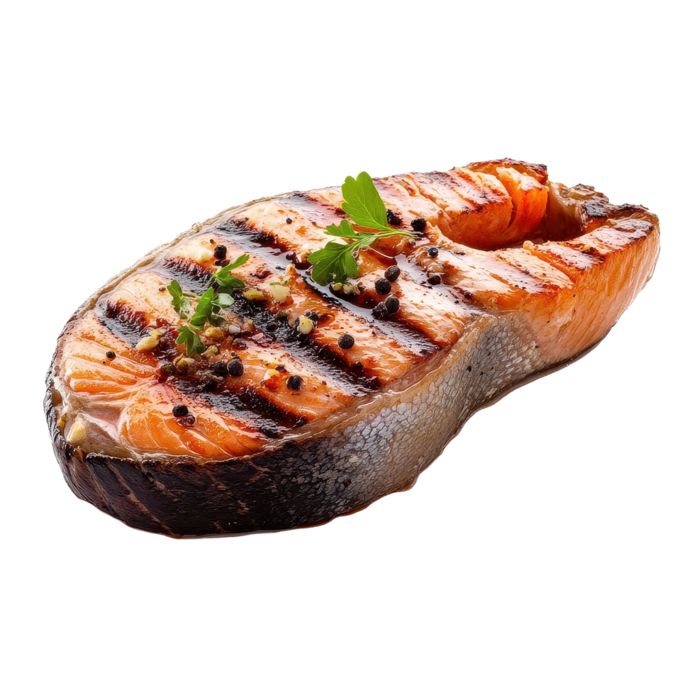 Grilled salmon steak with charred lines on a Transparent background showcasing its rich colors and texture, Salmon grilled roast steak isolated on png