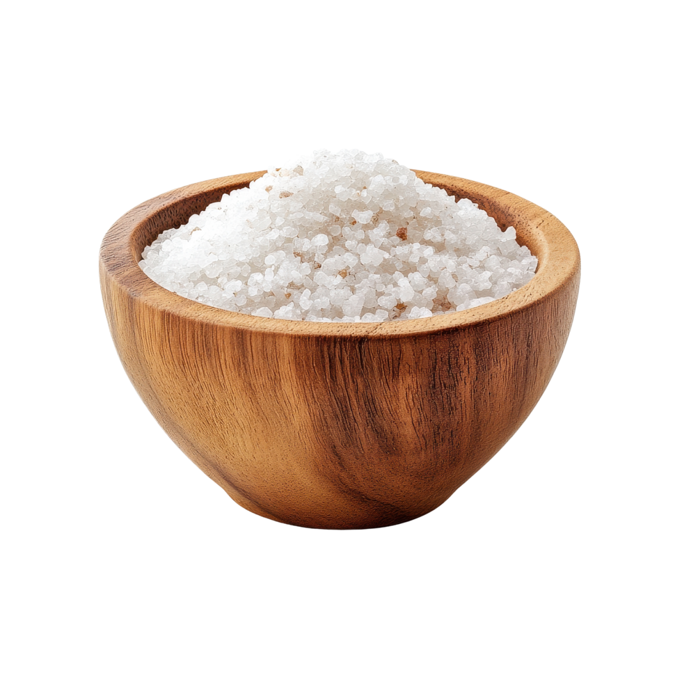 Wooden cup filled with coarse salt against a Transparent background showcasing natural kitchen elements, Salt in the wood cupisolated on background png