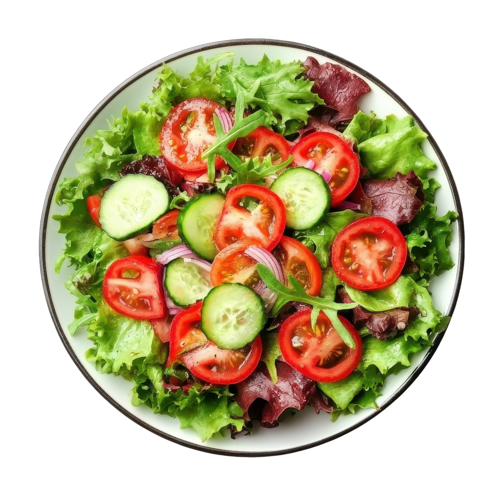 Fresh garden salad with mixed greens, tomatoes, and cucumbers presented on a white plate isolated on a clean background, salad in plate isolated on Transparent background png